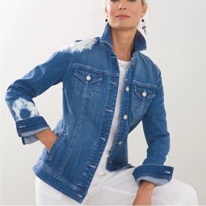 NWT Chico’s Tie Dye Blue and White Timeless Trucker Denim Jacket Pockets 0/Small